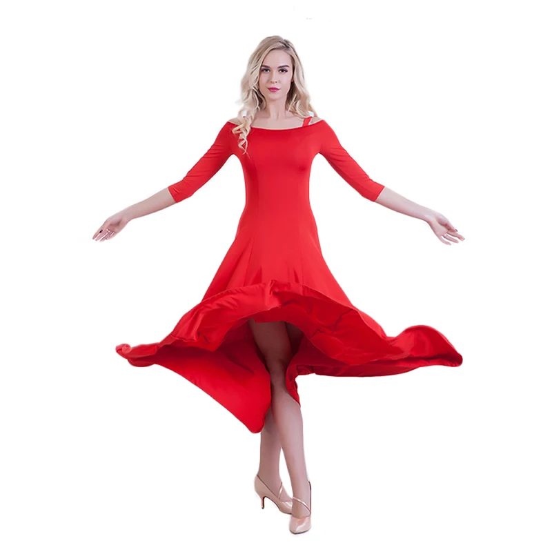 

Womens Floral Ballroom Dance Competition Dresses Modern Waltz Standard Clothes Long Sleeve Practise Wear