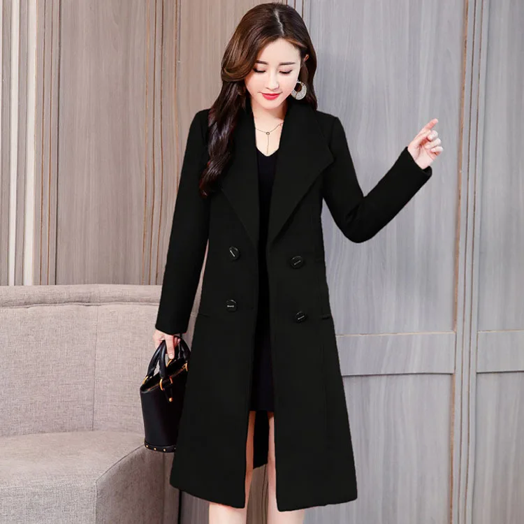 England Style Slim Long Wool Blend Ladies Coat Fashion Double Breasted Women's Jacket Solid Korean Womens | Женская одежда