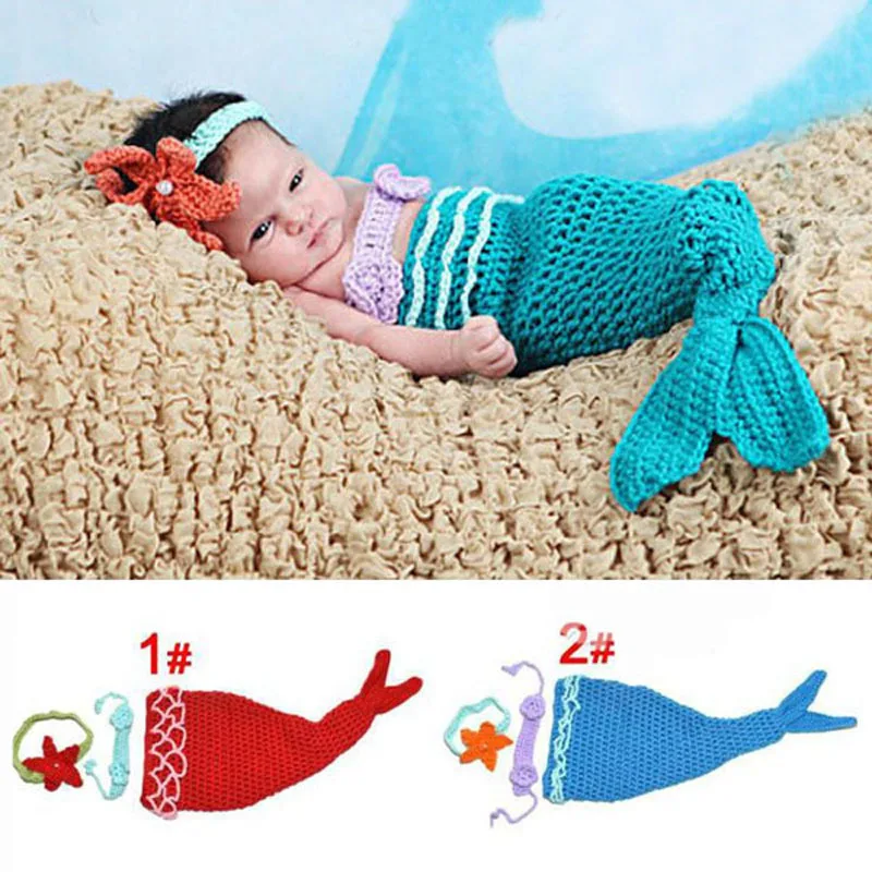 

Baby Infant Mermaid Tail Shells Crochet Knitted Mermaid Costume Set Photography Props Handmade Animal Style SG026