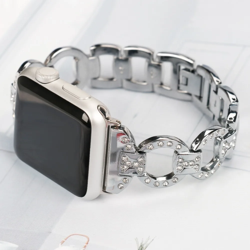 Ремешок из нержавеющей стали для Apple Watch Band стразы металлический браслет со