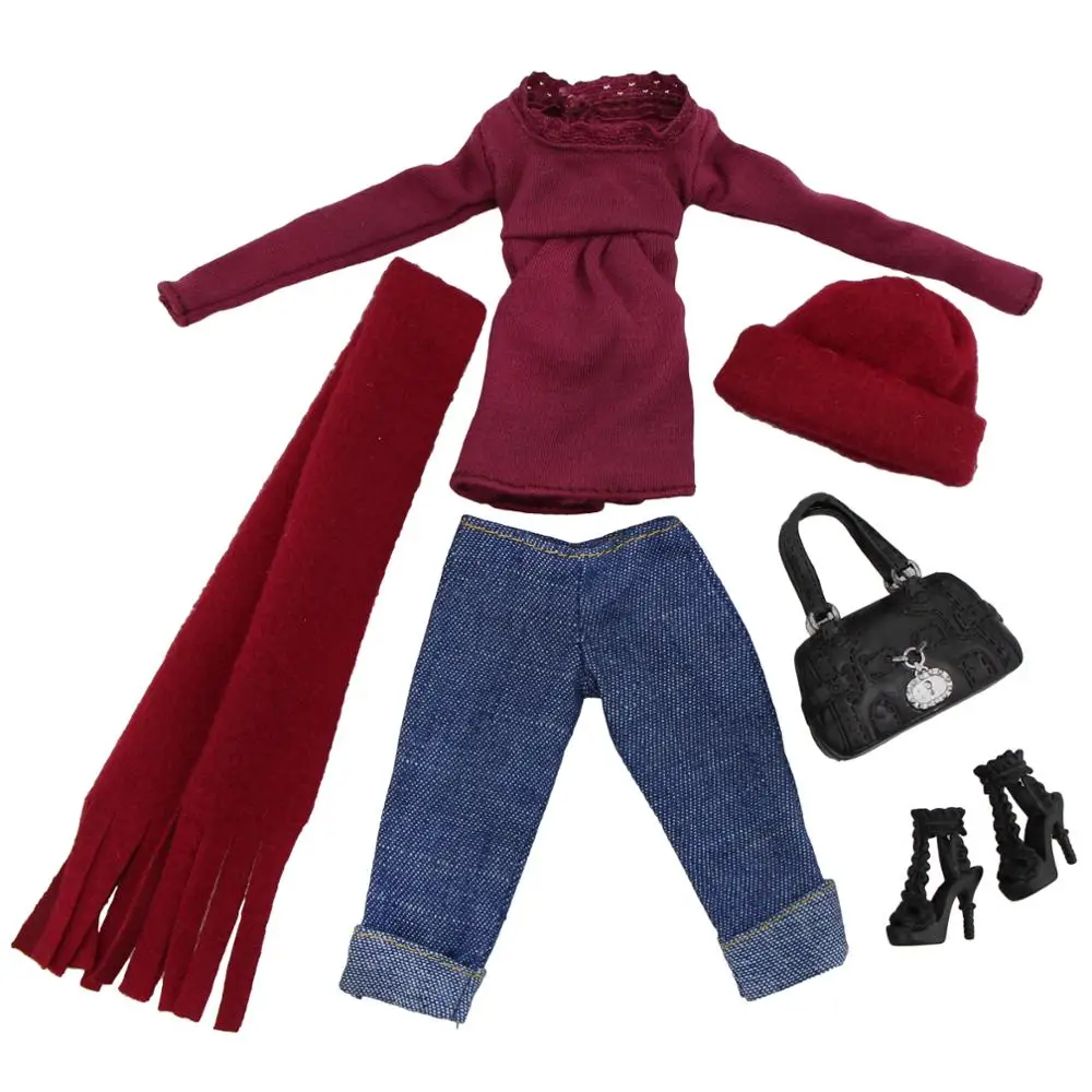1 Set Fashion Winter Lady Outfit Red Blouse Scarf Cap Jeans Trousers Handbag Shoes Clothes For Barbie Doll Accessories DIY Toy | Игрушки и
