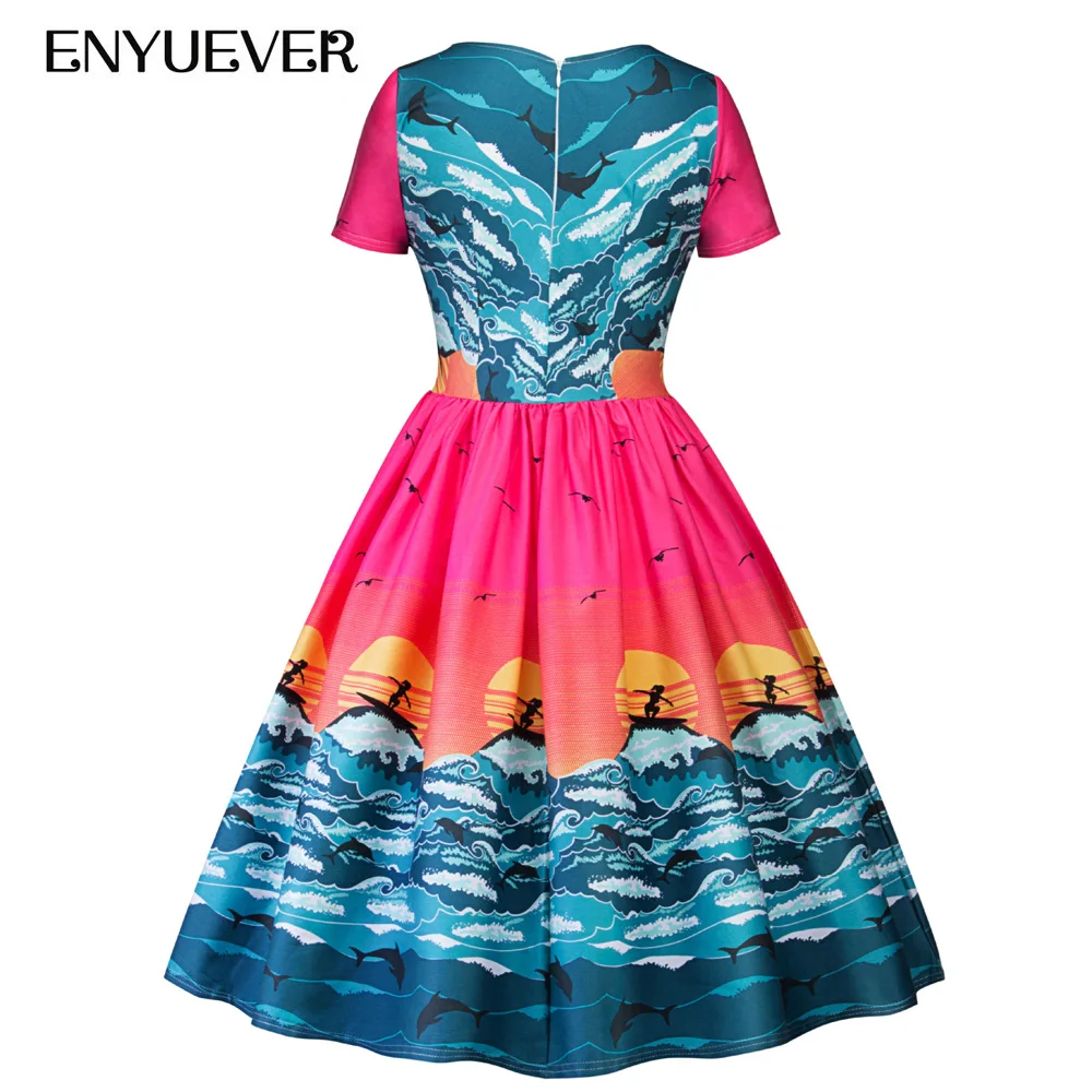 Enyuever Women Vintage Dresses 50s 60s Print Short Sleeve Swing Pin Up Tunic Vestido Casual Robe Rockabilly Dress Autumn Party | Женская