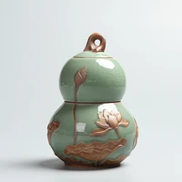 pinny embossed lotus ceramic tea cans cute gourd shape tea caddy tea ceremony accessories two layers sealed storage jars