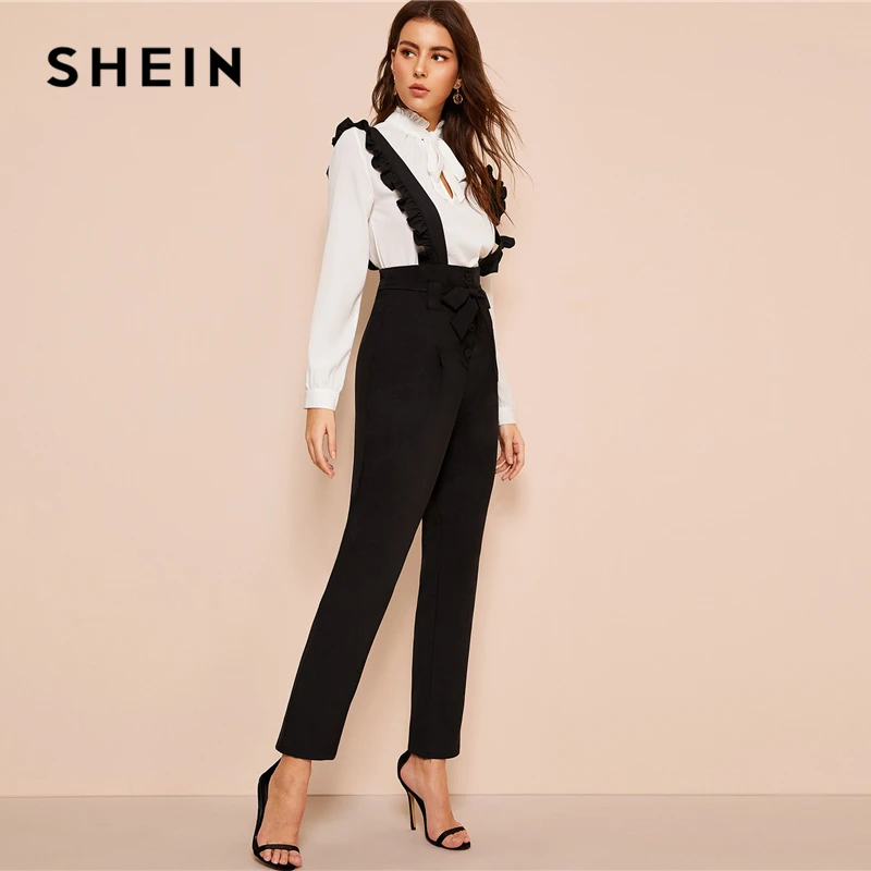 SHEIN офисные женские черные брюки с поясом и пуговицами, женские весенне-осенние однотонные Длинные прямые брюки