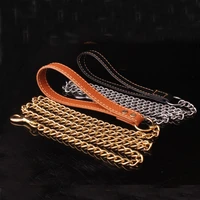 9mm fashion black brown leather pet dog leash lead stainless steel silver colorgold curb link chain for walking running 952