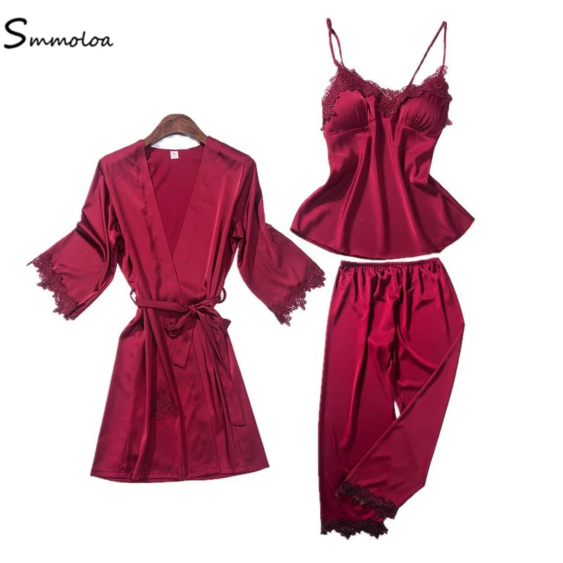 Smmoloa шелковые женские пижамы сексуальные Robers 3-piece костюмы Женщины Спагетти ремни