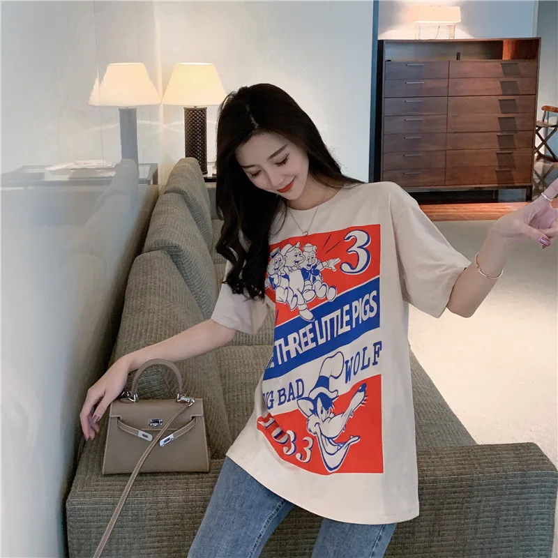 Harajuku Ulzzang Oversize tshirt мультфильм печати короткий рукав футболки корейский стиль Для женщин Свободные Летние Футболка женская Повседневное Топы