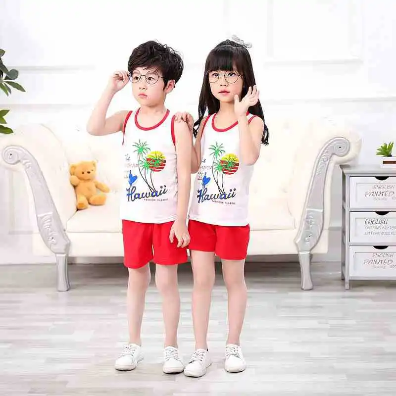 2-8 Years Boys Girls Sleeveless Vest+ Pure Color Shorts Set Summer Children Cartoon Tops Kids Boy Cotton Casual Waistcoat Suits | Детская