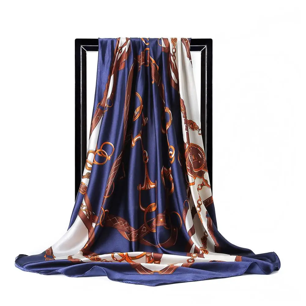 Silk Scarves for Women Print Foulard Satin Square Head Hijab Scarfs For Ladies Luxury Brand Shawls 90*90 Bandana Large Scarf |