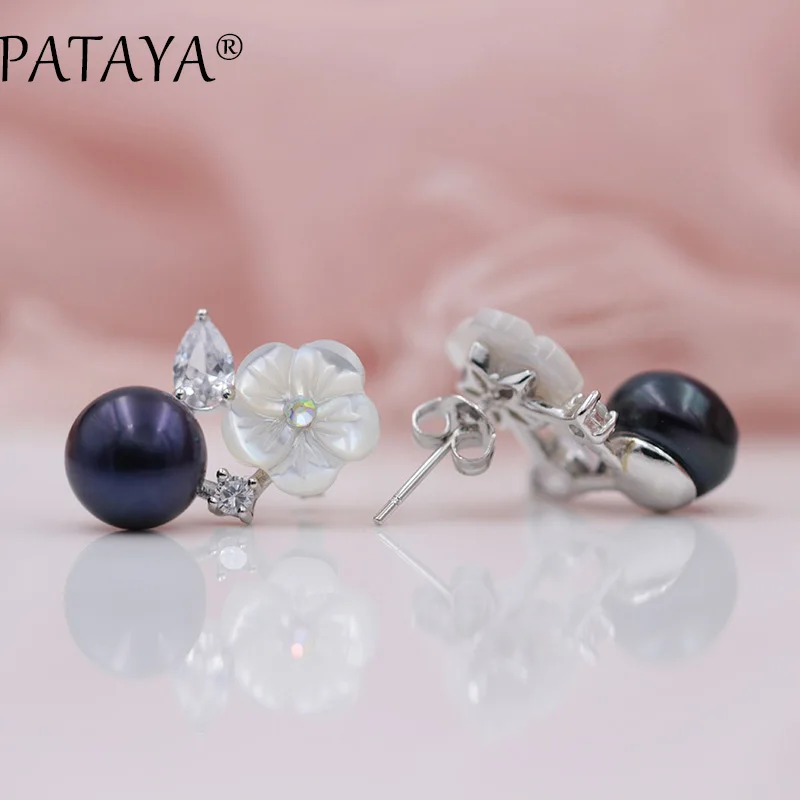 PATAYA, новинка 925, серебряные иглы, женские, Настоящее Белое золото, черные серьги из натурального жемчуга, цветок, ракушка, жемчуг, свадебные украшения, 3 цвета
