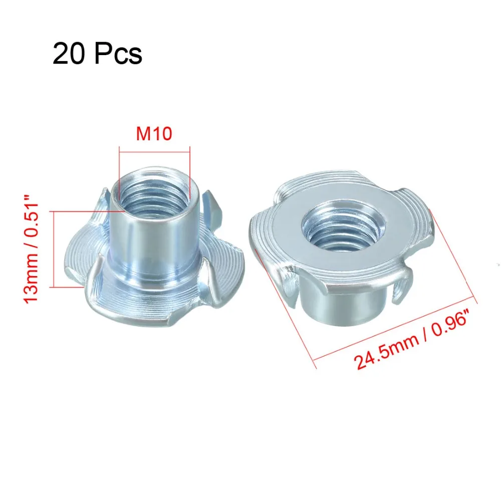 Uxcell New Hot 20pcs M4 M10 1/4&quot-20 4 Pronged Tee Nut T-Nut Assortment Threaded Insert For Rock Climbing Holds Wood Cabinetry |