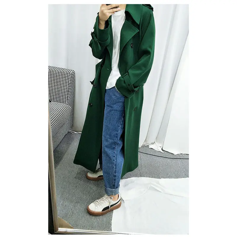 Autumn Fashion Double-breasted Green Windbreaker Korean Casual Jacket Basic Belt Long Coat For Office Ladies Overcoat f1081