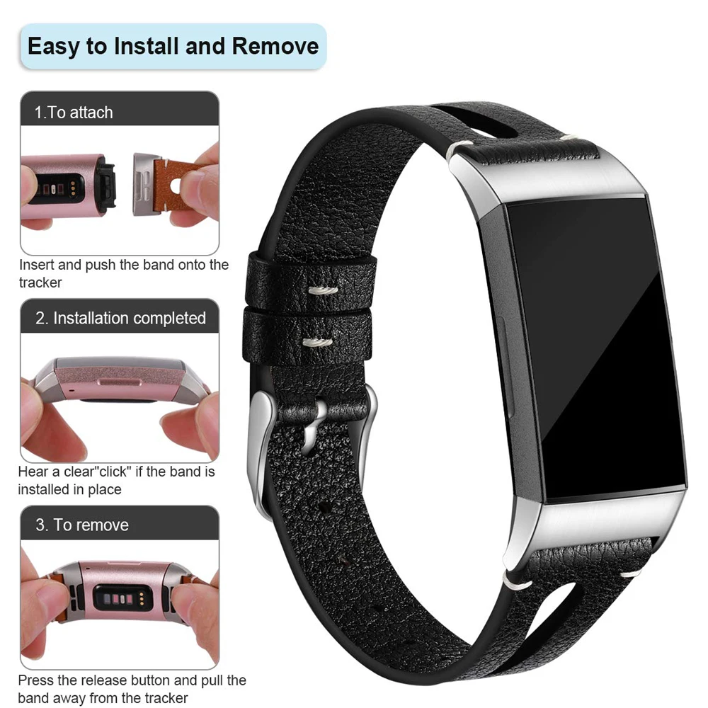 Genuine Leather Band Replacement for Fitbit Charge 3 SE Black Wrist Strap Watch For Fibit Small Large | Электроника