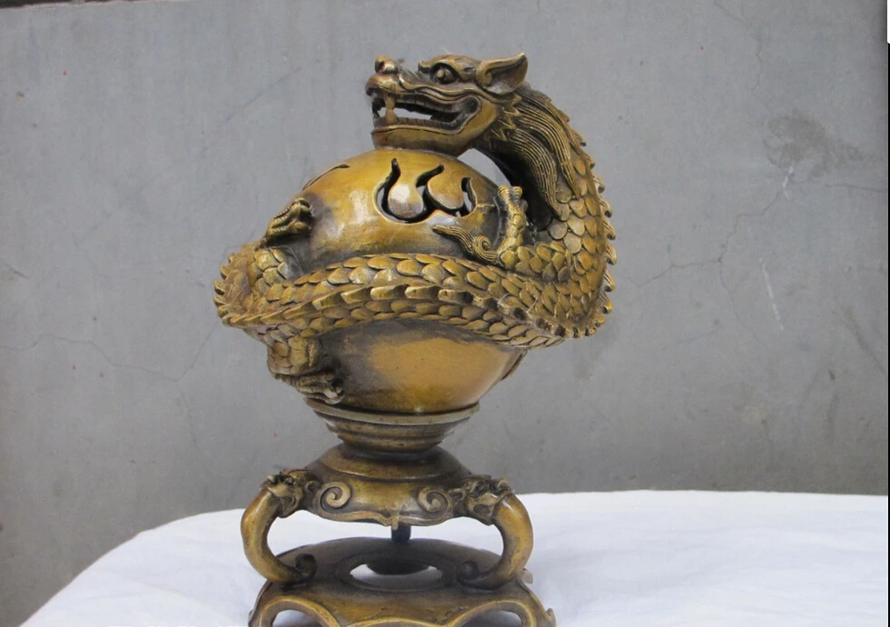 9&quotChinese Feng shui Bronze gilt Coiled dragon Seal of Fire ball incense burner | Дом и сад