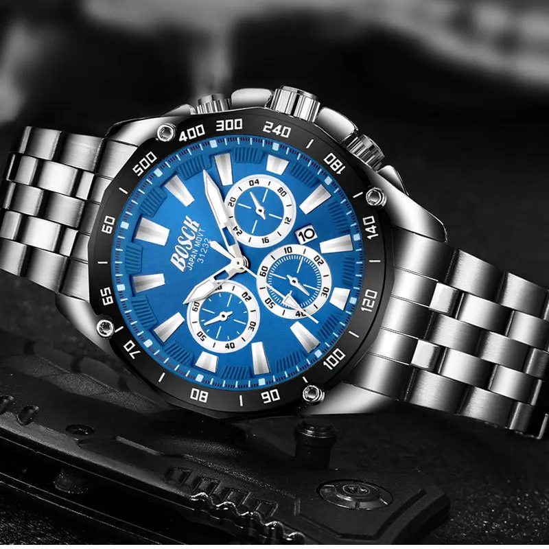 BOSCK мужские часы стальные спортивные Календарь Дата Досуг водонепроницаемые