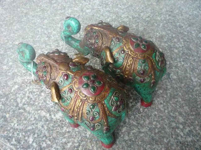 Красивая старинная бирюза и нефрит с серебряной статуей/скульптурой пара слона