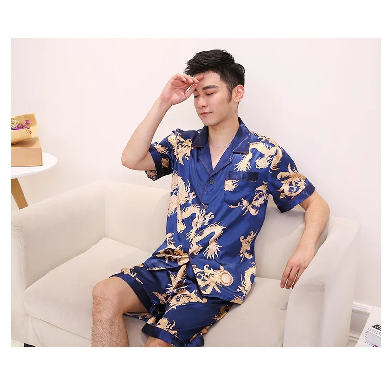 men summer luxury Silk like Pajamas Sets Two Pieces Male Sleepwear short sleeve shirts + pants prints Home Clothing | Мужская одежда