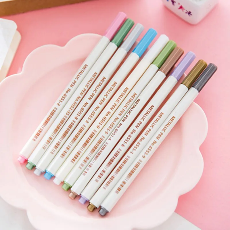 10 Colors Metallic Markers Pens Set for Scrapbooking DIY Photo Album Card Making Calligraphy Doodling Liquid-Ink Round Tip