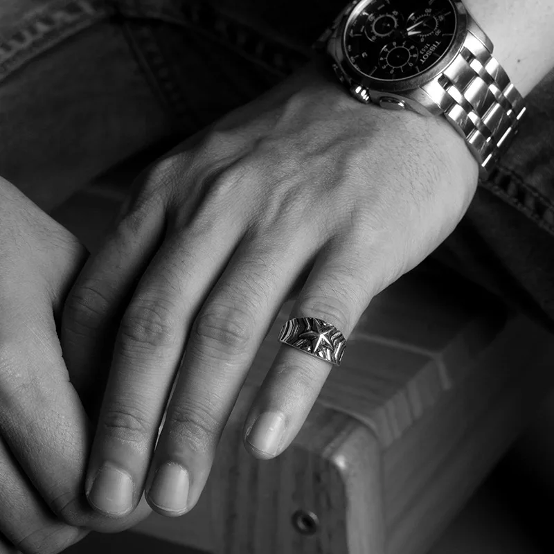 Инь Ху Jewelry стерлингового серебра 925 старинное серебро Цвет звезда кольцо панк