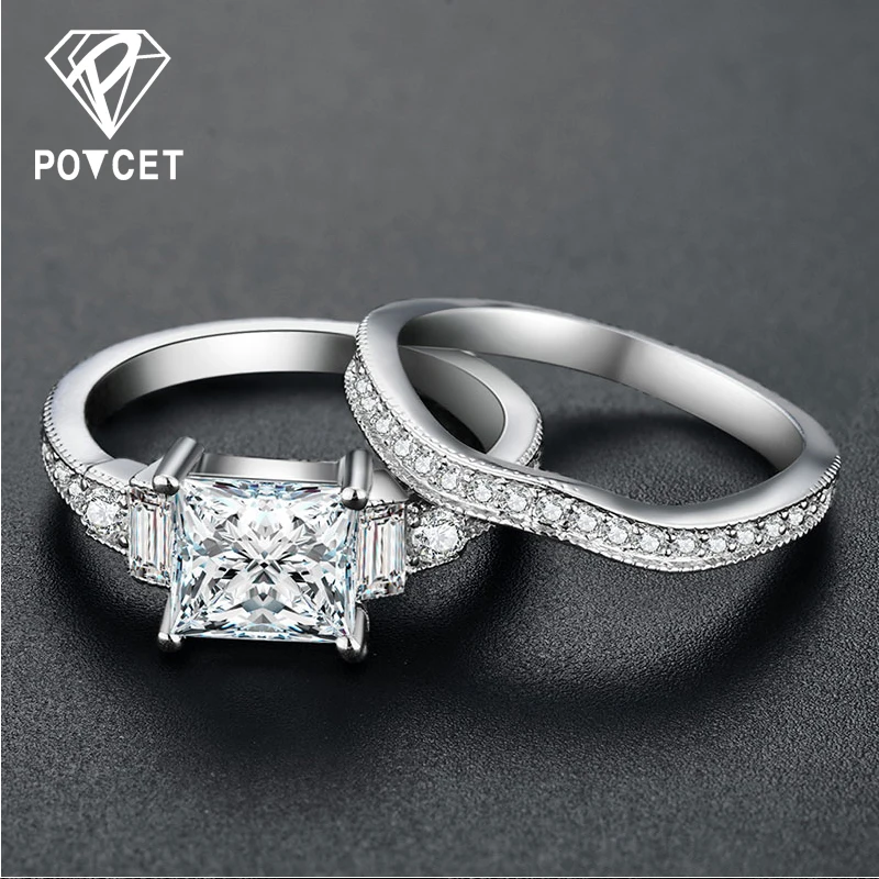 POTCET White Gold Color Rings for Women Wedding Geometric Square AAA Zircon Trendy Romantic Jewelry Bague Bijoux Size 6-10 R1124 | Украшения