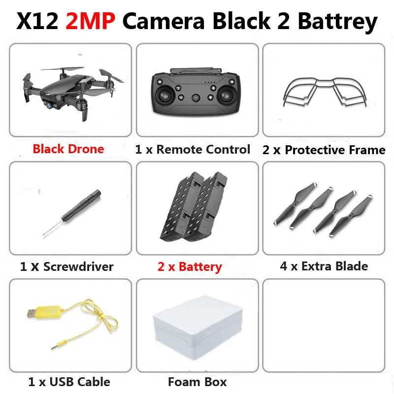 2MP Black 2B Foam X12 WiFi FPV Mini Foldable Drone Camera 0.3MP 2MP HD Optical Flow Aerial Video Profissional RC Quadcopter Helicopter Toys SG106 - Цвет: 2MP Black 2B Foam