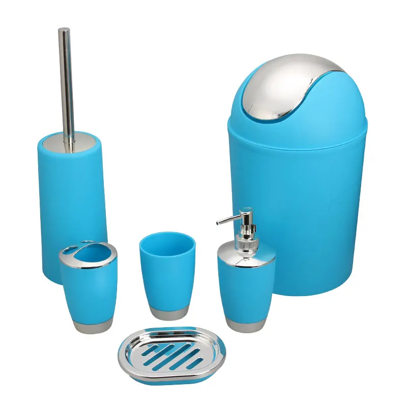 blue 6 piece 6 шт./лот, Товары для ванной комнаты, щетка для унитаза с поддержкой, мусорное ведро, мыло для рук, шампунь, бутылка для хранения жидкости, Badkamer, аксессуары, инструмент - Цвет: blue 6 piece
