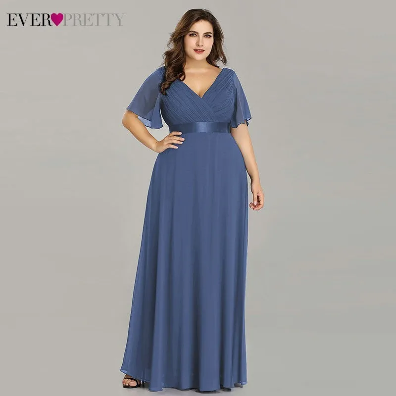 Plus Size Evening Dresses Long Ever Pretty New Dusty Blue Sleeveless V-neck Cheap Summer Formal Gowns Robe Soiree Dubai