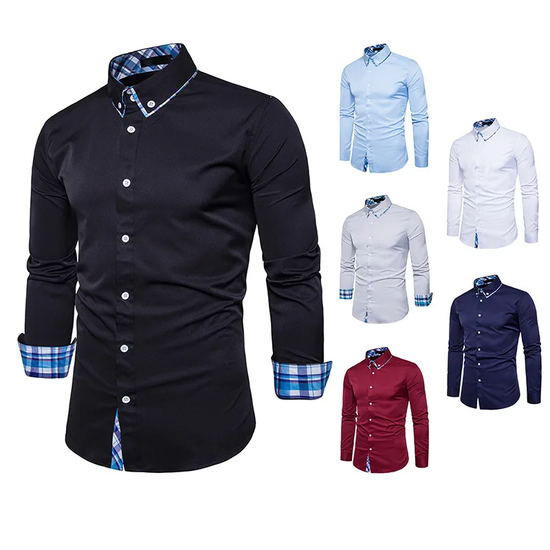 

2019 Men Shirt Solid Color Slim Fit Patchwork Casual Long Sleeved Classical Men Brand Clothing Shirts Formal Business Shirt Man