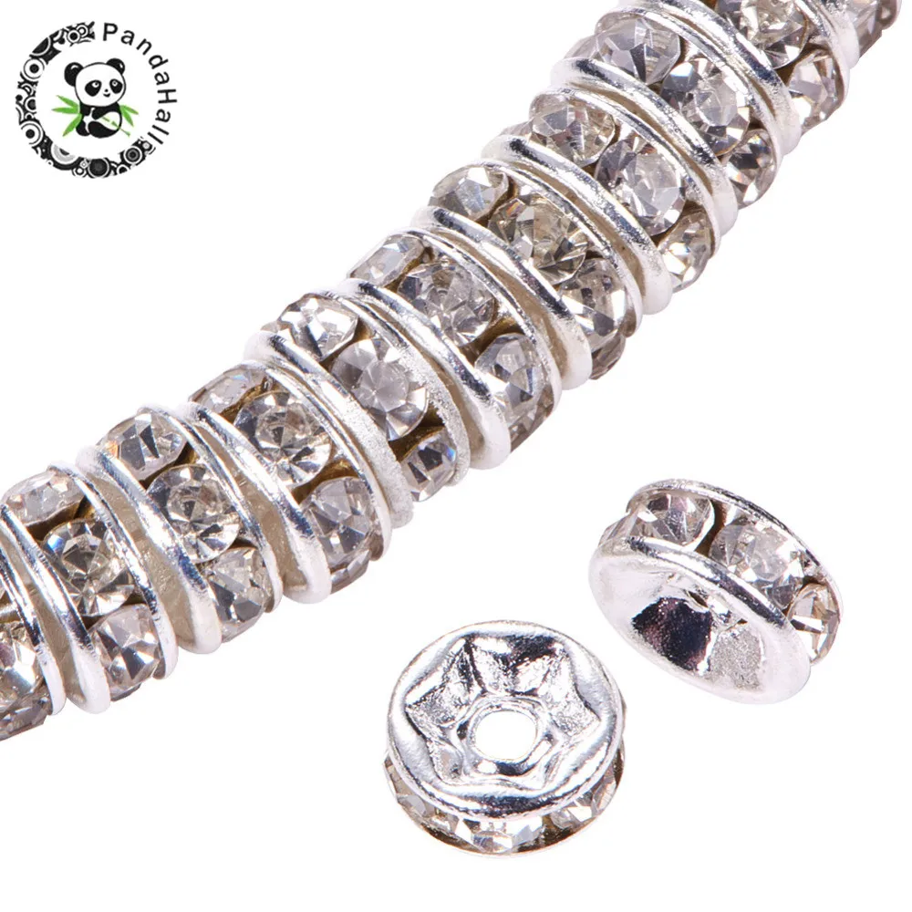 

100pcs 6mm 7mm 8mm Brass Rhinestone Spacer Beads Grade A Rondelle Crystal Rhinestone Beads Silver Color Hole: 1.5-2mm