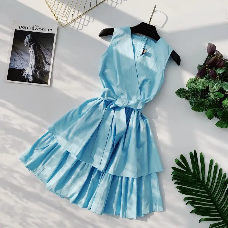 ALPHALMODA, летнее женское платье принцессы без рукавов с двойным слоем, с высокой талией, с поясом, для девушек, бальное платье, милое, с оборками, Vestidos