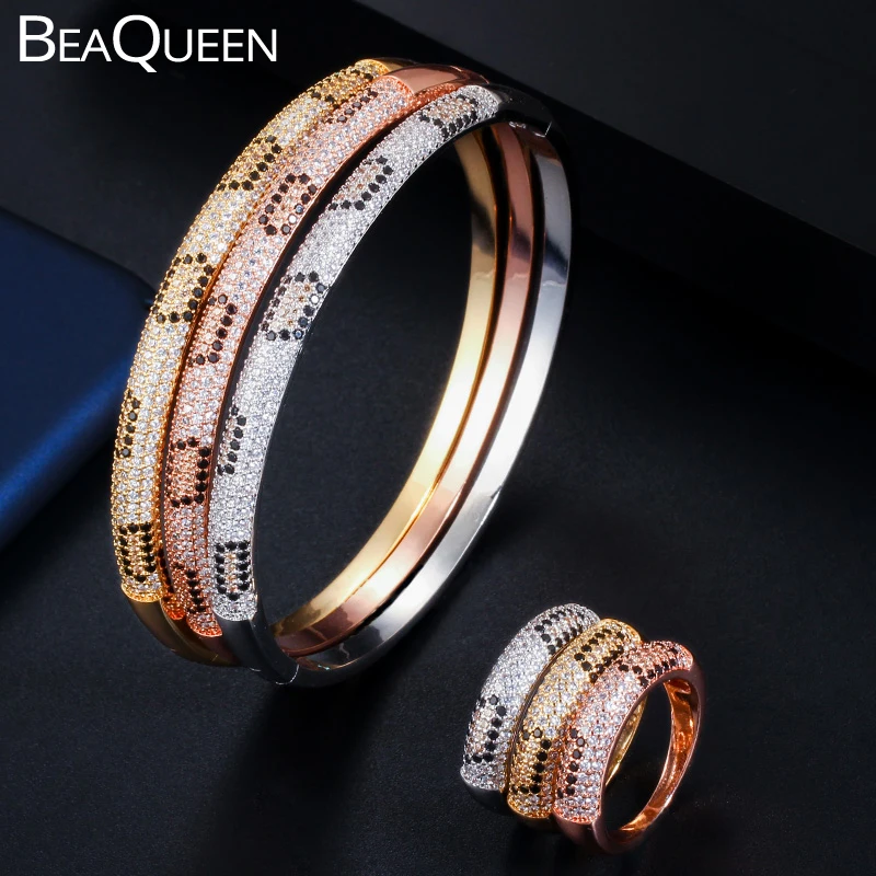 

BeaQueen Round Fashion AAA Cubic Zirconia Micro Pave Black CZ Stone Snake Circle Bracelets Bangles Ring Sets Women Jewelry JS192
