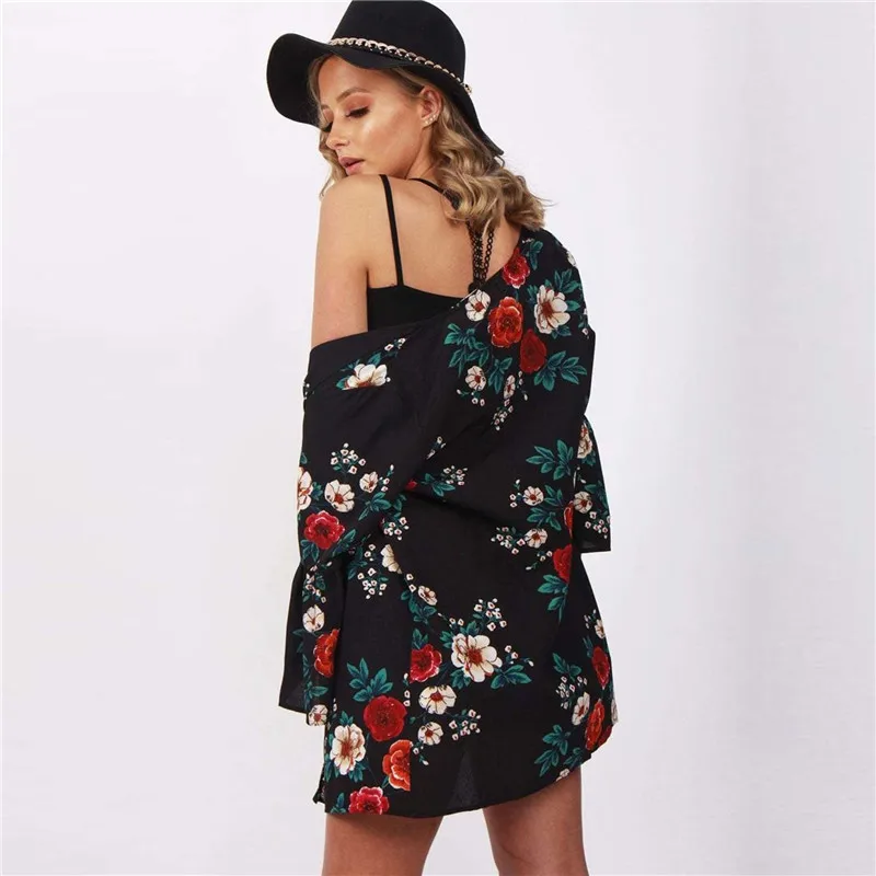 Женская осенне летняя блузка с винтажным цветочным принтом кимоно Boho кардиган
