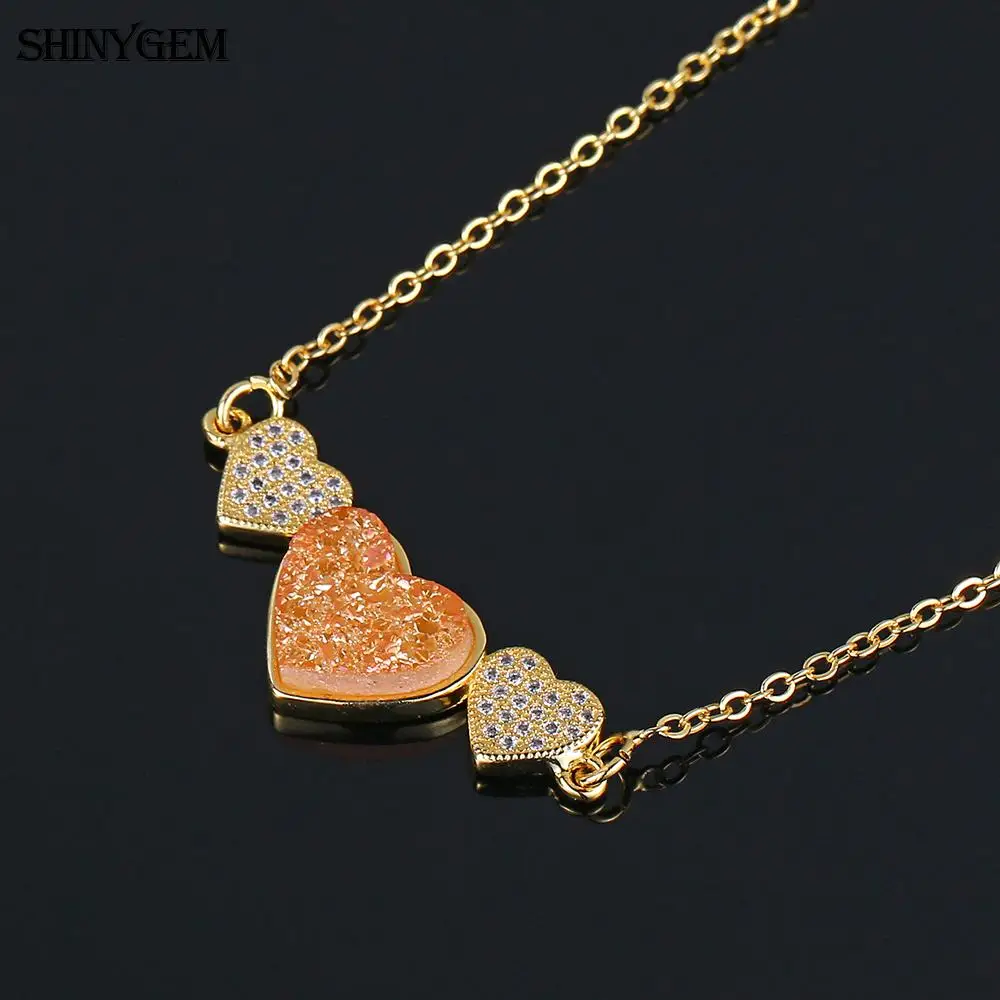ShinyGem Druzy тройное Сердце ожерелье s золотое покрытие натуральный камень сердечко CZ