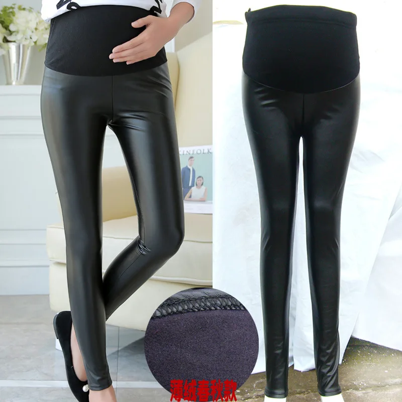 

Spring And Autumn And Winter Maternity Clothes Leather Pants PU Leather Inner Hair Pregnant Women Leggings Stomach Lift Feet Ela