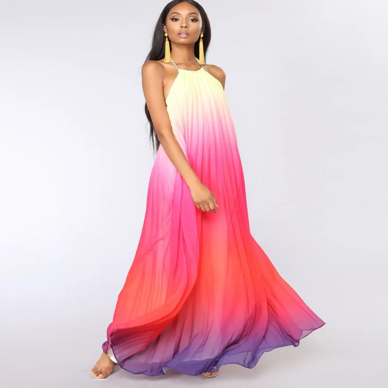 Летнее Длинное Платье Макси ТРАПЕЦИЕВИДНОЕ плиссированное платье с открытой