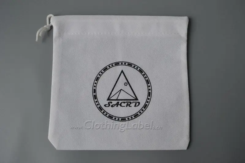 

Non woven white bag with string and black printed logo, non woven shopping bag