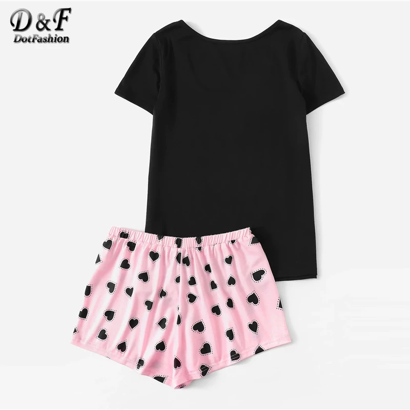 Dotfashion футболка со слоганом и принтом сердца, шорты на завязках на талии, пижамный комплект, летние пижамы для женщин, повседневная одежда для сна с коротким рукавом