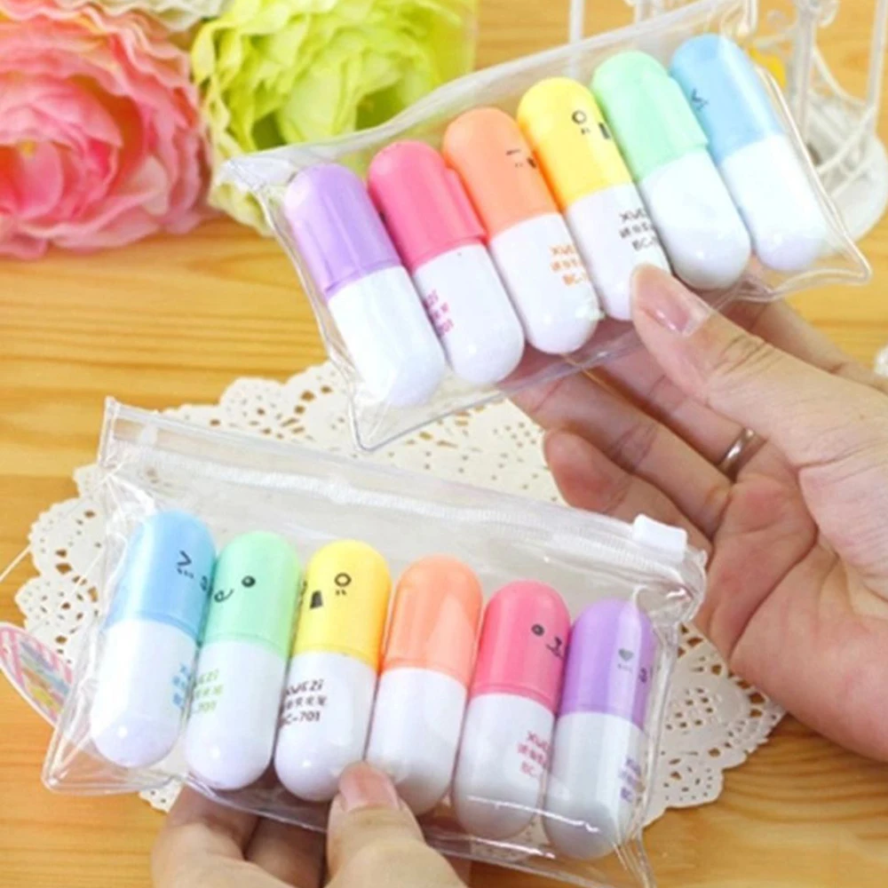 

6PCS Cute Mini Smiling Face Pill Highlighter Lovely Cartoon Painting Pen Marking Pens Students Learn Stationery Supplies