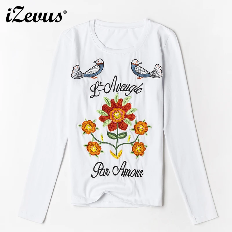 

IZEVUS New Fashion Birds and flowers Women Clothing Casual Loog Sleeve O Neck Split Side Floral Embroidery T-shirt