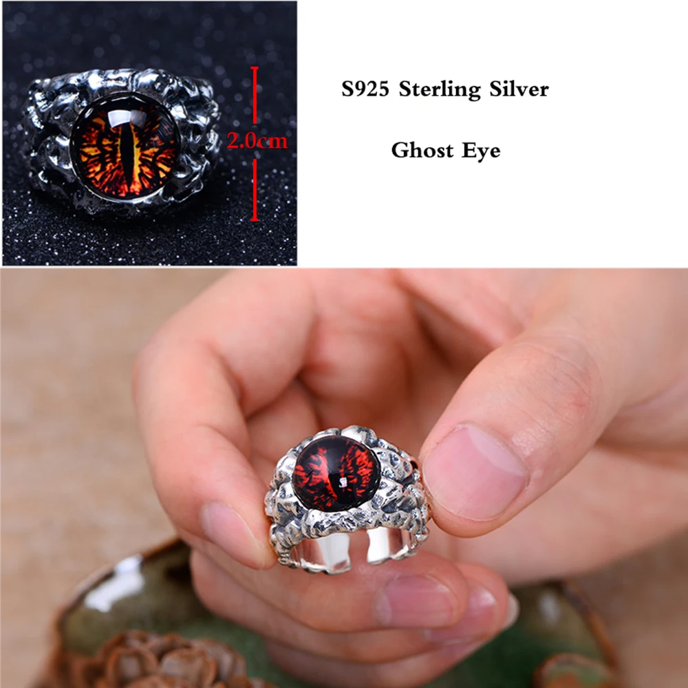 

MetJakt Solid Real 925 Sterling Silver Ring & Hyperbole Ghost Eye Open Ring for Men Vintage Punk Rock Thai Silver Jewelry