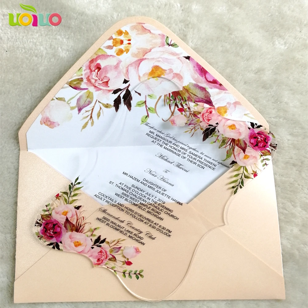 

customized printing flora wedding invitation card acrylic invitation card with envelop