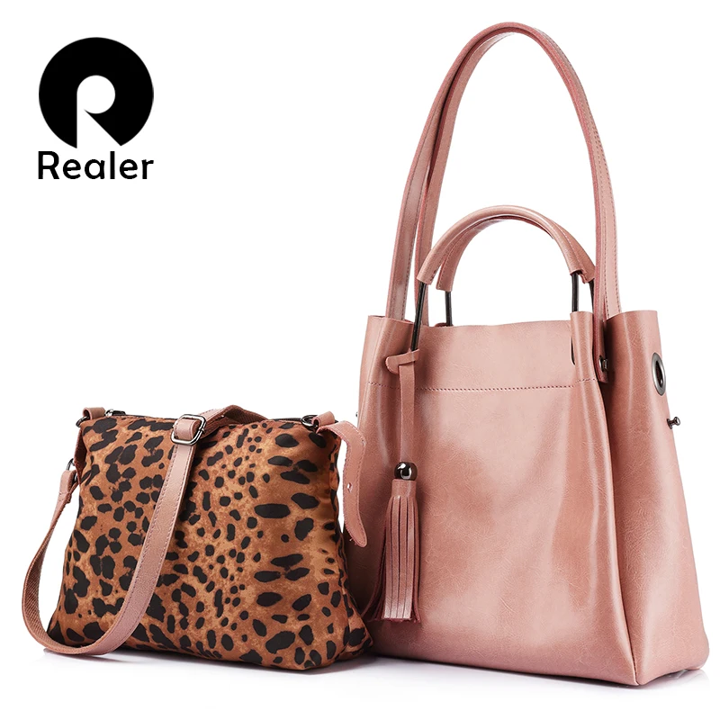 Фото Realer женские сумки Высокое качество яловичный спилок кожаная сумка большая