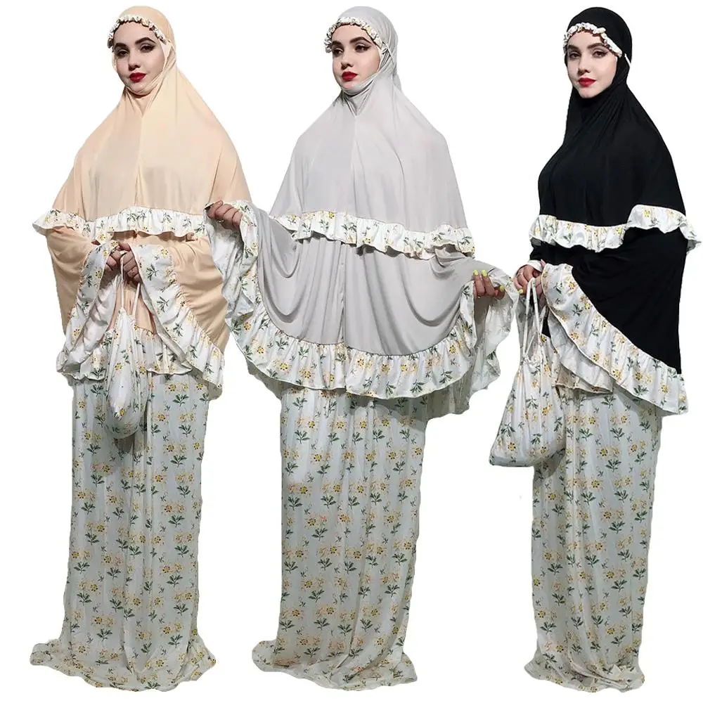 

2PCS Muslim Women Long Hijab Maxi Dress Set Prayer Garment Jilbab Islamic Clothes Abaya Arab Worship Service Ramadan Suits