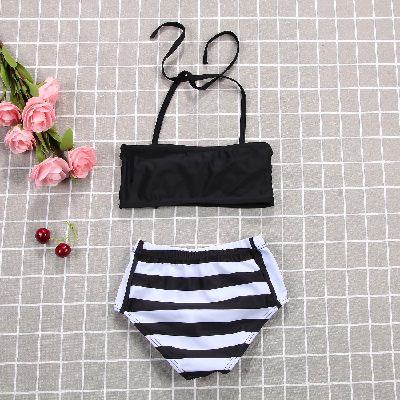 Mother Girls Matching 2Pcs Halter Swimsuit Little Kids Girl Women Palm Leaves Stripes Swimwear Bandeaukini Bikini Set | Мать и ребенок