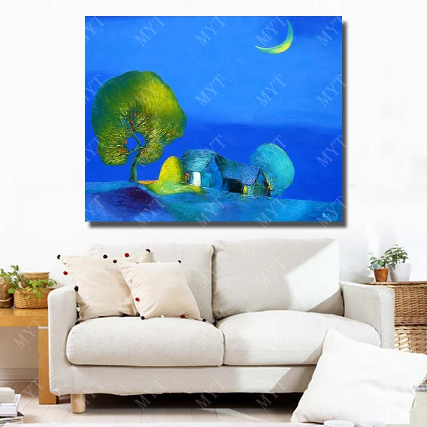 Village night scenery hand paint wall art painting modern canvas landscape oil reproduction | Дом и сад