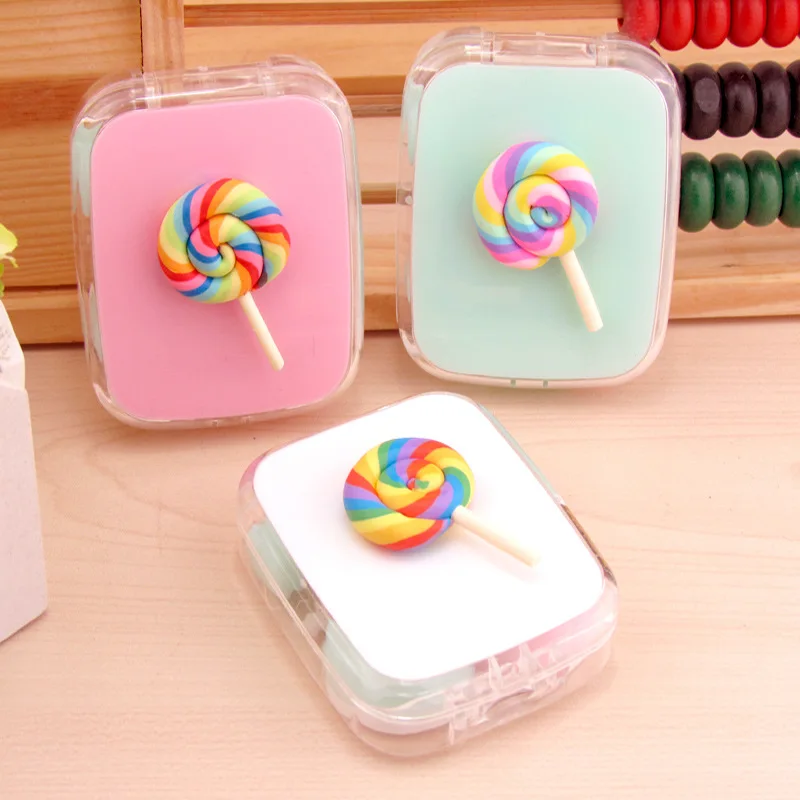 

10pcs New cute beautiful High quality Lollipop Portable with Mirror Lenses box for Women Gift Contact Lenses Case 7.5*6.3*2cm