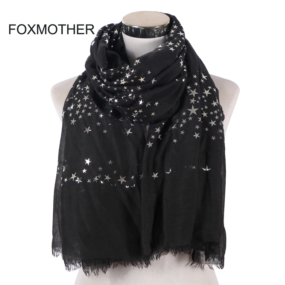 FOXMOTHER женская накидка черная белая темно синяя лента из фольги шарф со звездами
