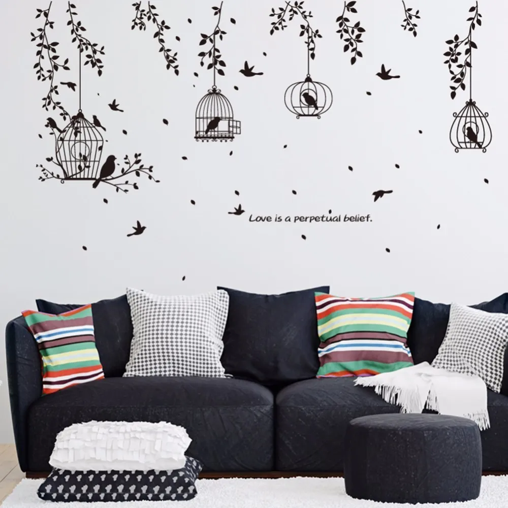 Black Bird Cage and Leaves Silhouette Patterns PVC Wall Stickers TV Background Decorative Dining Hall Dormitory|Наклейки на стену| |