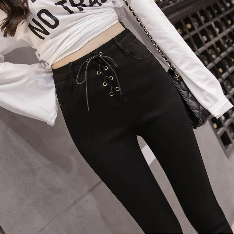 

High-waist vintage full length skinny solid jeans women 2019 new high elestic pencil denim pants