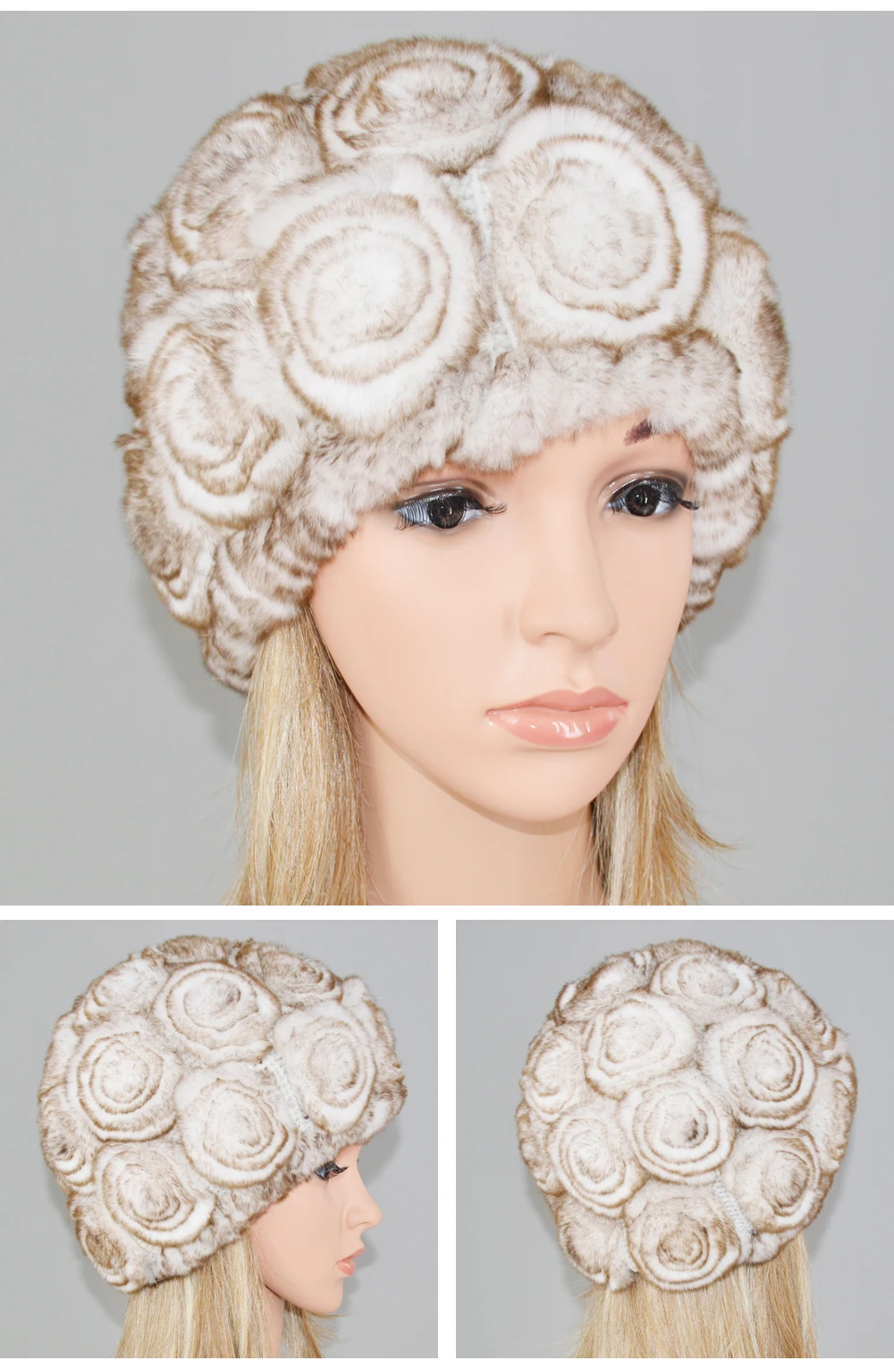 Новинка, женская шапка Skullies, настоящий мех кролика, зимняя, цветочный мех кролика Рекс, шапочки, шапка для девочек, цветы, шапки из меха кролика рекс